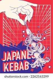 Ilustración vectorial. kebab japonés en mano. fondo de pantalla de cocina asiática para menú, empaque, café, restaurante.