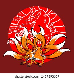Vector illustration of japanese Kitsune nine Tailed Fox