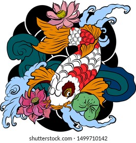 vector illustration of japanese koi fish tattoo style drawing.japan background.tattoo koi fish design.hand drawn outline koi fish and chinese doodle art.
