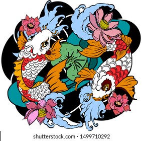 vector illustration of japanese koi fish tattoo style drawing.japan background.tattoo koi fish design.hand drawn outline koi fish and chinese doodle art.