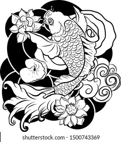 vector illustration of japanese koi fish tattoo style drawing.japan background.tattoo koi fish design.hand drawn outline koi fish and chinese doodle art.