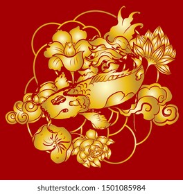vector illustration of japanese koi fish tattoo style drawing.japan background.tattoo koi fish design.hand drawn outline koi fish and chinese doodle art.line art on isolated.Hand drawn gold fish. 