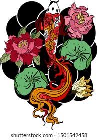 vector illustration of japanese koi fish tattoo style drawing.japan background.tattoo koi fish design. 