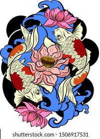 vector illustration of japanese koi fish tattoo style drawing.japan background.tattoo koi fish design.hand drawn outline koi fish and chinese doodle art.