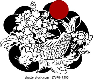 vector illustration of Japanese koi fish tattoo style drawing.Japanese background.tattoo koi fish design. hand drawn outline koi fish and Chinese doodle art.Peony,Cherry blossom and lotus vector.