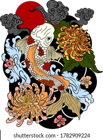 ilustración vectorial del dibujo del estilo del tatuaje del pez koi japonés. Antecedentes japoneses.Tatuaje diseño de peces koi. delineado a mano delinear peces koi y arte de doodle chino.sunrise,vector de flor de cerezo.