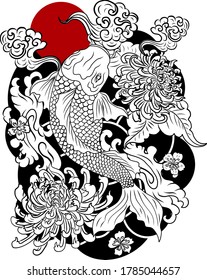 ilustración vectorial del dibujo del estilo del tatuaje del pez koi japonés. Antecedentes japoneses.Tatuaje diseño de peces koi. delineado a mano delinear peces koi y arte de doodle chino.sunrise,vector de flor de cerezo.