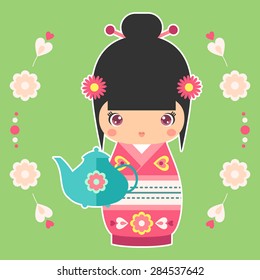 Vector illustration of Japanese Kokeshi Doll with teapot.