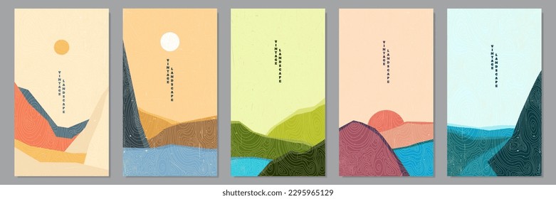 Vector illustration. Japanese linear drawn texture. Mountain peaks, water in desert, green hills. Colorful background. Asian style. Design for flyer, phone wallpaper, voucher, gift card, leaflet.