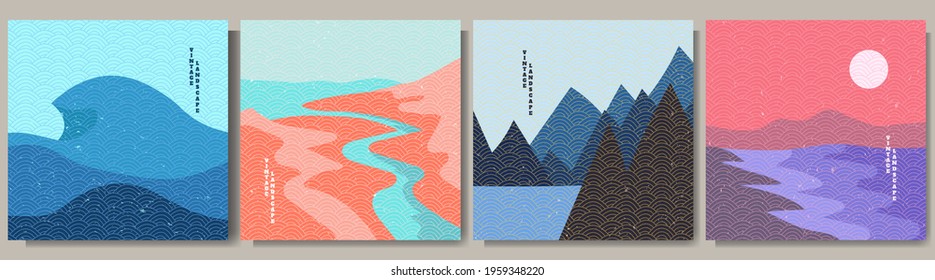 Vector illustration. Japanese linear wave pattern. Landscape background. Asian style. Design for social media template, banner. Seascape, river in desert hills, rocks near water, beach evening scene.