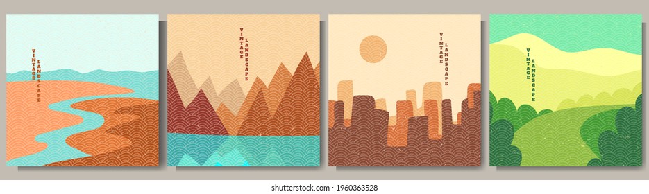 Vektorgrafik. Japanisches lineares Wellenmuster. Landschaftshintergrund. asiatischer Stil. Wüste mit Oase, Berg in der Nähe des Wassers, Wüstenhügel, Wiesen-Buchsen. Design für Social-Media-Vorlage, Banner