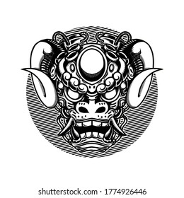 Vector illustration of Japanese Lion Robotic White-Black Head with a Samurai, and Horn on the White Background. Hand-drawn illustration for mascot esport logo poster t-shirt printing. Vector Logo