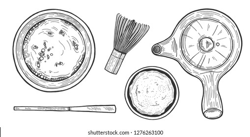 Vector illustration of Japanese matcha tea ceremony objects. Cup, pot, teapot, bamboo whisk, powder, measuring spoon. Vintage hand drawn style.