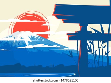 Vector illustration of a Japanese mountain, volcano, against a red sun, in the foreground silhouette of The Japanese torii Gate, silhouette of a bamboo grove