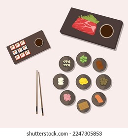 Vector illustration of Japanese national cuisine, shabu-shabu and sushi, kobe beef and tsukemono.