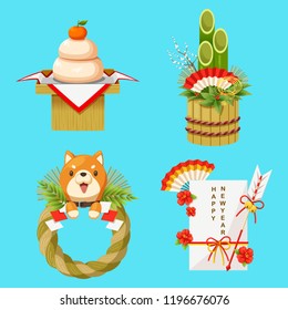 Vector illustration of Japanese New Year Decorations, Isolated on blue background