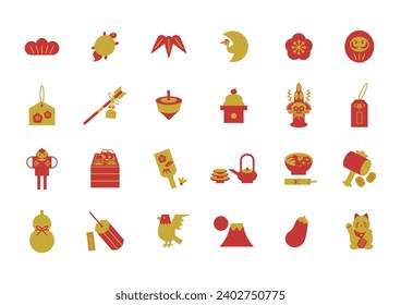 Vector illustration of Japanese New Year lucky charms. Red and golden icon set. Simple and cute design.