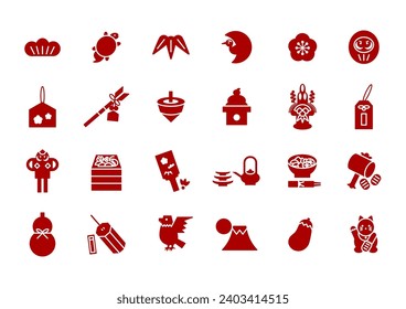 Vector illustration of Japanese New Year lucky charms. Red icon set. Simple and cute design.