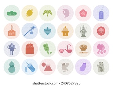 Vector illustration of Japanese New Year lucky charms. Colorful icon set. Traditional Japanese pattern background.
