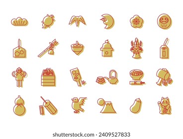 Vector illustration of Japanese New Year lucky charms. Red and golden icon set. Simple and cute design.