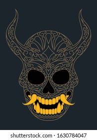 A vector illustration of a Japanese Oni mask with sugar skull inspired filigree details and golden teeth.