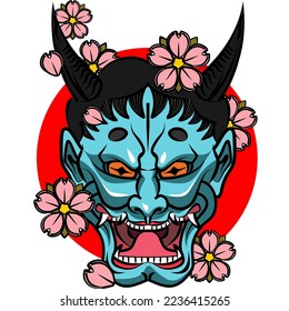 vector illustration, Japanese Oni Mask Tattoo Art Style Sticker, japanese ghost