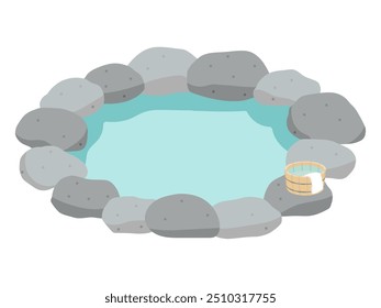 Vector illustration of a Japanese open-air bath and a bucket used in the bath.