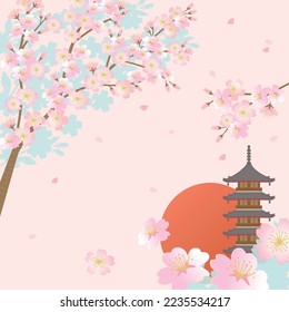 Vector illustration of japanese pagoda with cherry blossoms, Japanese spring.