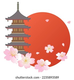 Vector illustration of japanese pagoda with cherry blossoms, Japanese spring.