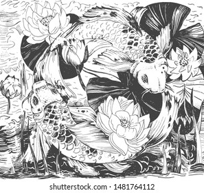 Vector illustration of Japanese print motifs on fabric and wallpaper. Picture with leaves, blooming lotuses flowers buds and koi fish. Vintage hand drawn style