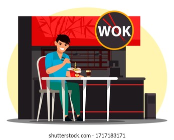 Vector illustration of Japanese restaurant. Character man eats noodles from box, drinks coffee. Young smiling guy enjoys traditional Asian food. Interior design wok cafe, sushi bar, Japan kitchen