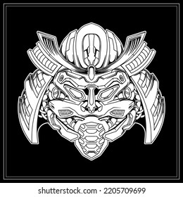 Vector Illustration Of Japanese Samurai Mask Tattoo Artwork