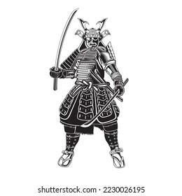 Ilustración vectorial de un samurai japonés con dos espadas y con casco con armadura sobre un fondo blanco aislado
