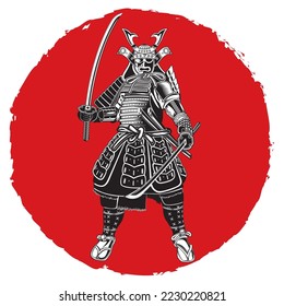 Vektorgrafik eines japanischen Samurai mit zwei Schwertern und einem Helm mit Rüstung auf dem Hintergrund der japanischen Flagge