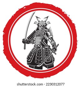 Vector illustration of a Japanese samurai with two swords and wearing a helmet with armor inside a circle of the Japanese flag
