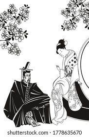 The vector illustration of a Japanese samurai warrior and geisha. People in black color on white background