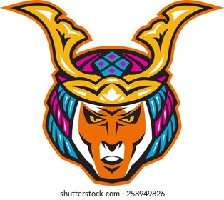 vector illustration of a japanese samurai warrior head facing front on isolated white background.
