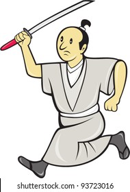 Vector illustration of a Japanese samurai warrior with sword done in cartoon style on isolated white background.