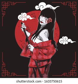 vector illustration of japanese samurai zombie girl