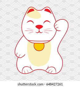 Vector illustration of Japanese Sculpture Inviting Cat of Happiness, Money or Cat of Fortune, mascot. The cat waves his paw.