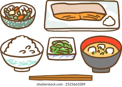 Vector illustration of a Japanese set of grilled fish, simmered vegetables, boiled vegetables, miso soup, and rice