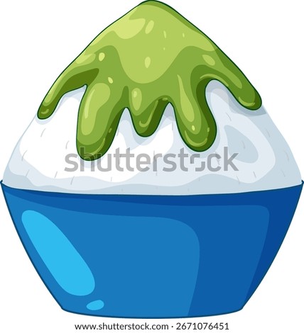 Vector illustration of Japanese shaved ice dessert topped with green matcha syrup in blue bowl