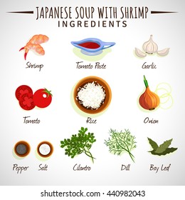 Vector illustration. Japanese soup with shrimp. Ingredients