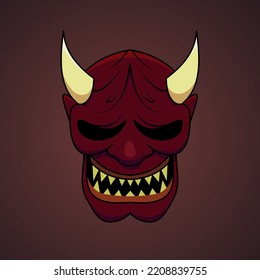 Vector illustration of Japanese style dark red devil oni mask cartoon. Print, illustration, logo design