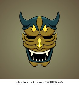 Vector illustration of Japanese style gold oni mask cartoon. Print, illustration, logo design