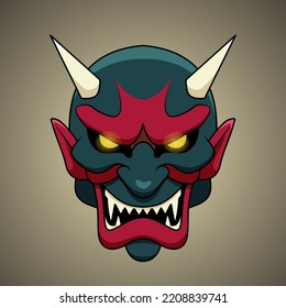 Vector illustration of Japanese style oni mask cartoon. Print, illustration, logo design