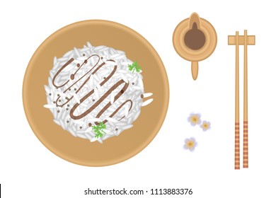 Vector illustration. Japanese sushi chopsticks, soy sauce bowl, rice and sakura blossom. Top view.