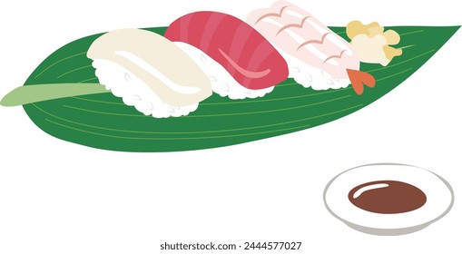 Vector illustration of Japanese sushi and pickled ginger on bamboo leaves.