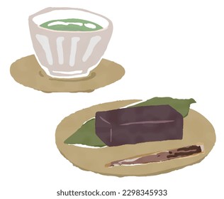 Vector illustration of Japanese tea, sweet bean jelly on a plate