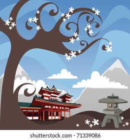 A vector illustration of a Japanese temple among mountains and clouds. A lantern is seen in the foreground and a tree blossoms white flowers.